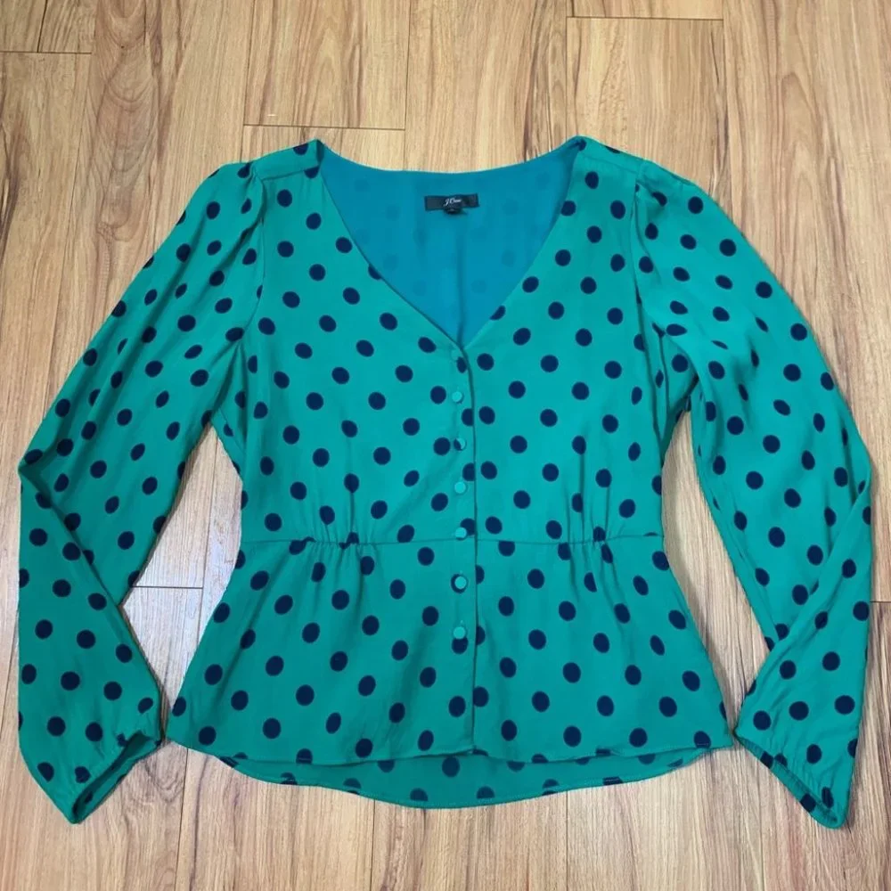 J. Crew Green & Blue Polka Dot Long Sleeves Blouse